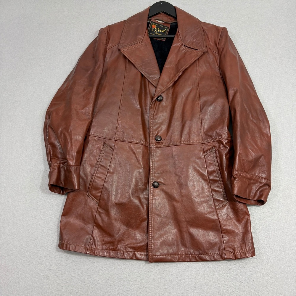 Vintage Reed Leather Jacket S/M Brown 70s Car Coat Button Front Sportswear Class